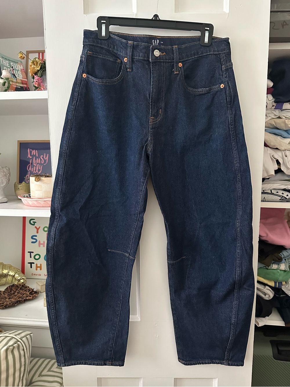 gap dark wash barrel jeans